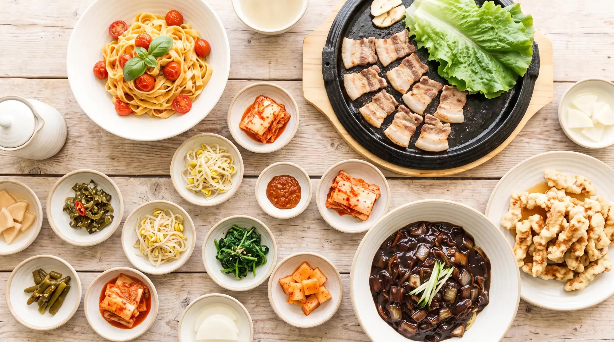 따뜻한 조명 아래 정갈하게 차려진 맛집 한상